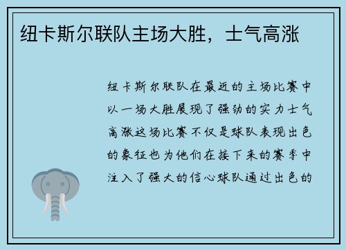 纽卡斯尔联队主场大胜，士气高涨