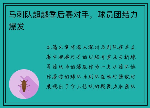 马刺队超越季后赛对手，球员团结力爆发