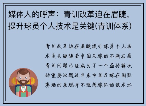 媒体人的呼声：青训改革迫在眉睫，提升球员个人技术是关键(青训体系)